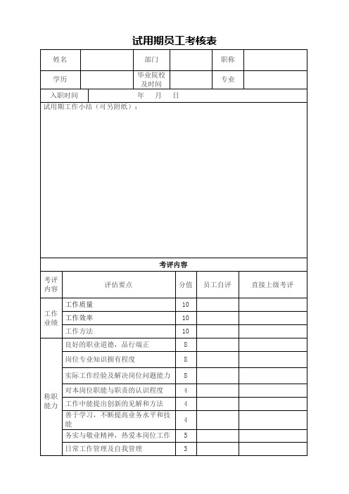 试用期员工考核表