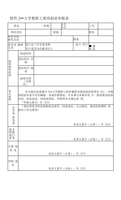 大学教职工离岗创业审批表.docx