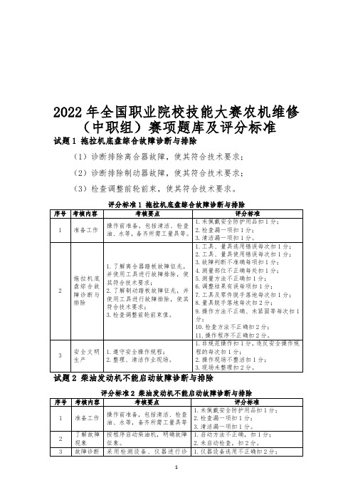 2022年全国职业院校技能大赛农机维修(中职组)赛项题库及评分标准