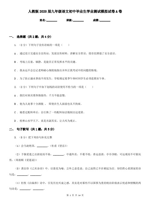 人教版2020届九年级语文初中毕业生学业测试模拟试卷A卷