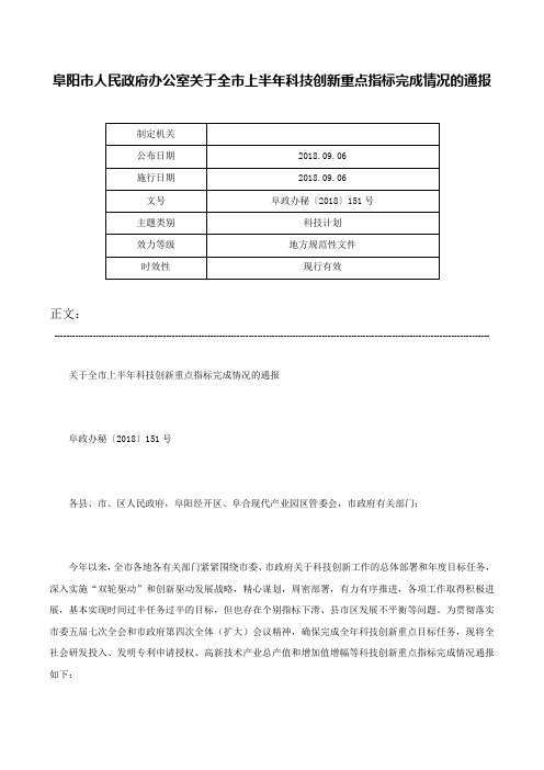 阜阳市人民政府办公室关于全市上半年科技创新重点指标完成情况的通报-阜政办秘〔2018〕151号