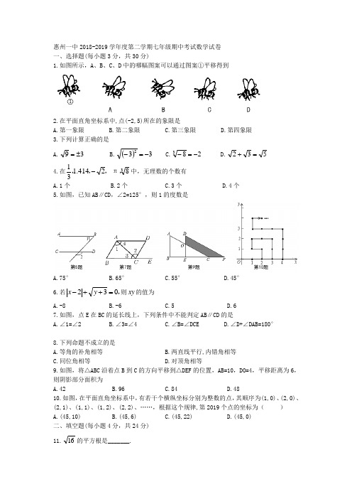 广东省惠州市惠州一中2018-2019学年七年级下期中考试数学试题(word版含答案)