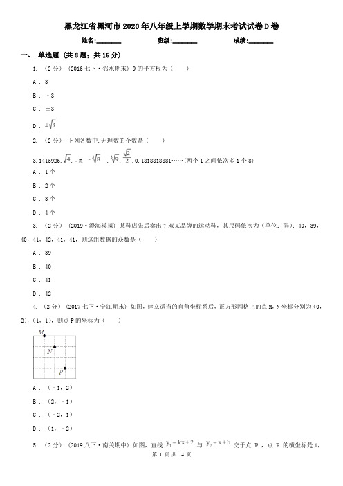 黑龙江省黑河市2020年八年级上学期数学期末考试试卷D卷