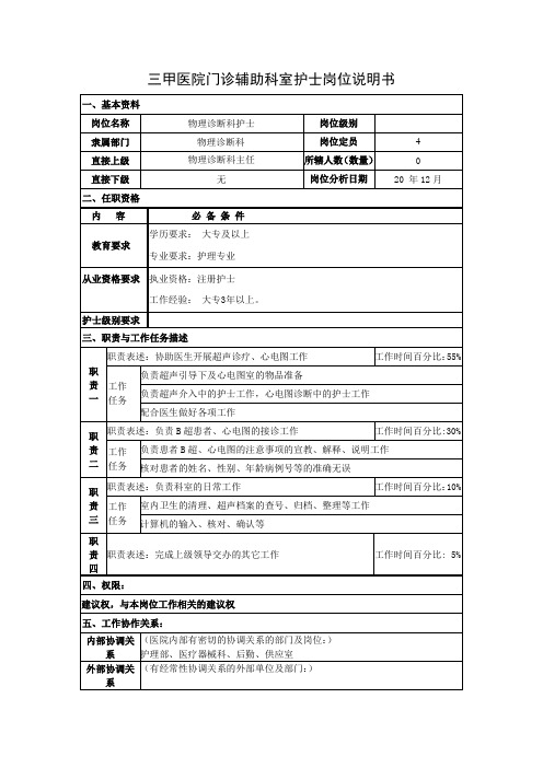 三甲医院门诊辅助科室护士岗位说明书