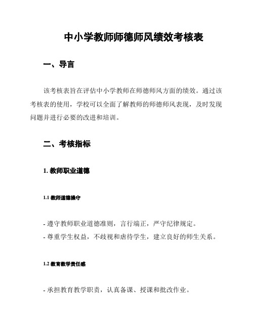 中小学教师师德师风绩效考核表