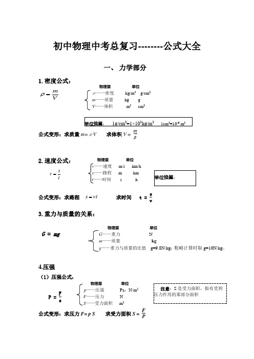 初中物理中考总复习公式大全文档