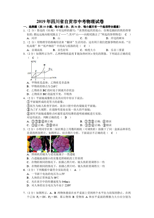 四川2019年中考自贡物理(含解析)