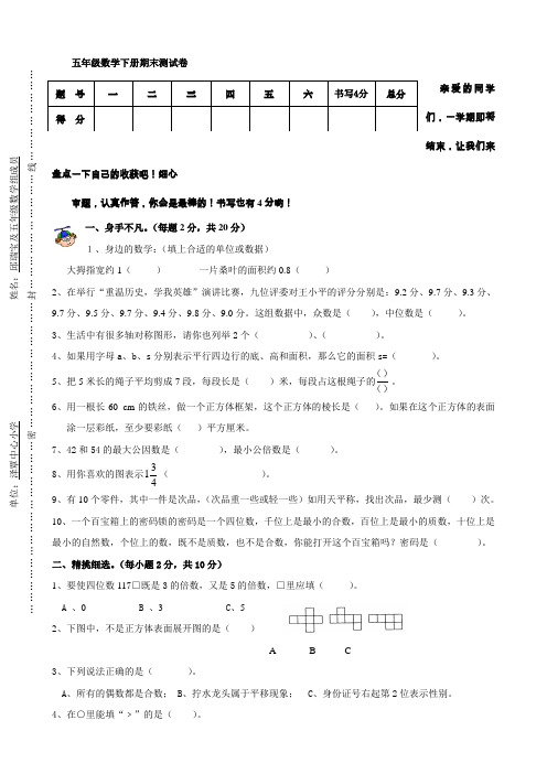 小学五年级数学期末测试题(人教版五年级下)(数学)