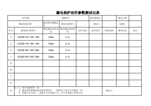 漏电保护动作参数测试记录(每月一次