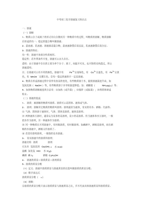 中考初三化学溶液复习知识点