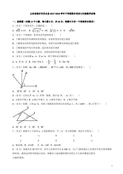 【精品】临沂市沂水县2017-2018学年七年级下期末考试数学试卷(有答案)