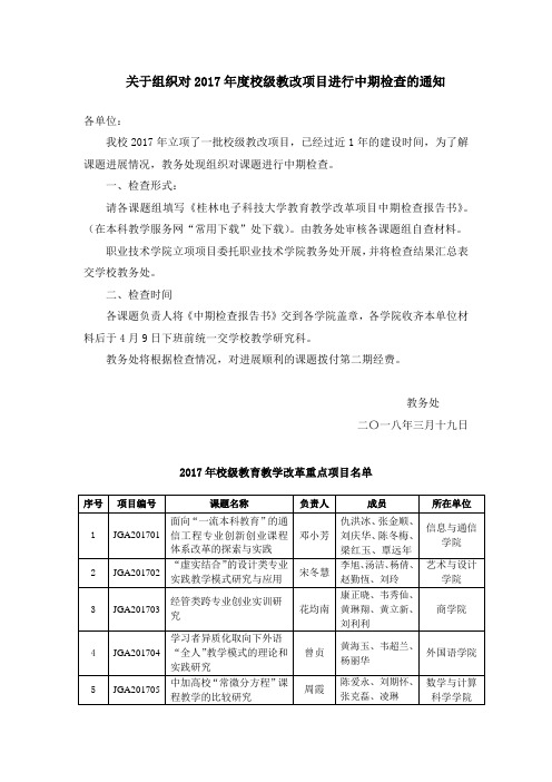 关于组织对2017年度校级教改项目进行中期检查的通知