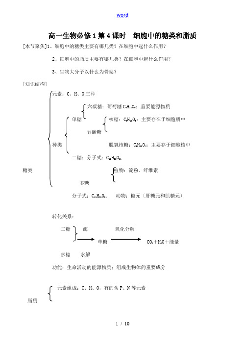 高一生物必修1 第4课时 细胞中的糖类和脂质