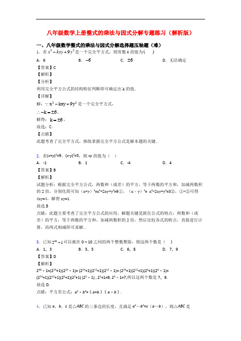 八年级数学上册整式的乘法与因式分解专题练习(解析版)