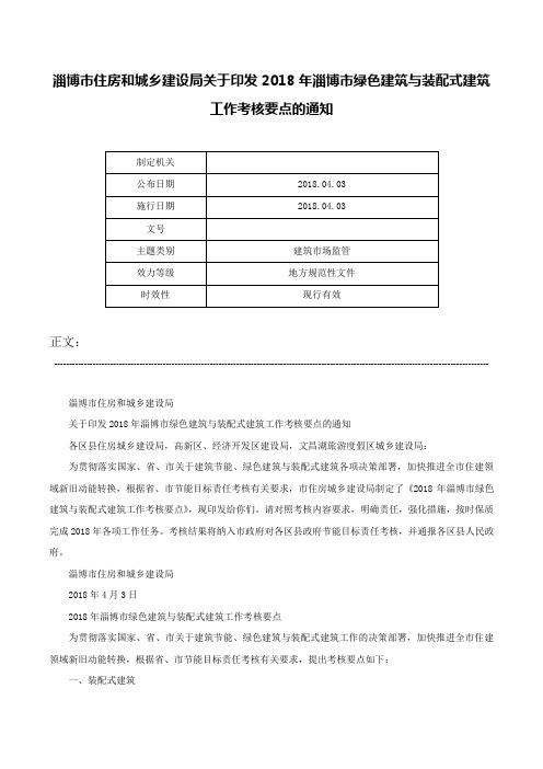 淄博市住房和城乡建设局关于印发2018年淄博市绿色建筑与装配式建筑工作考核要点的通知-