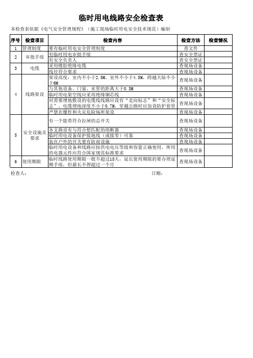 临时用电线路安全检查表(参考)