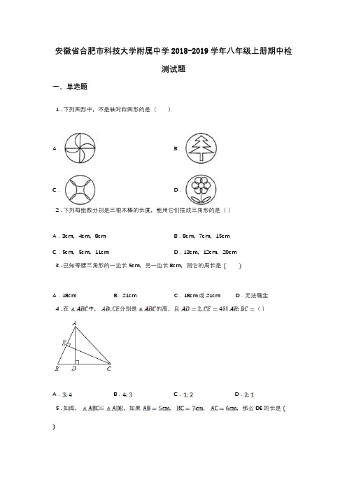 安徽省合肥市科技大学附属中学2018-2019学年八年级上册期中检测试题