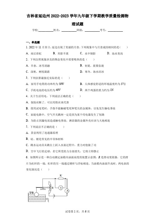 吉林省延边州2022-2023学年九年级下学期教学质量检测物理试题