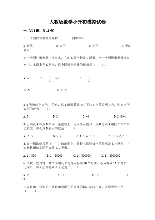 人教版数学小升初模拟试卷附参考答案【精练】