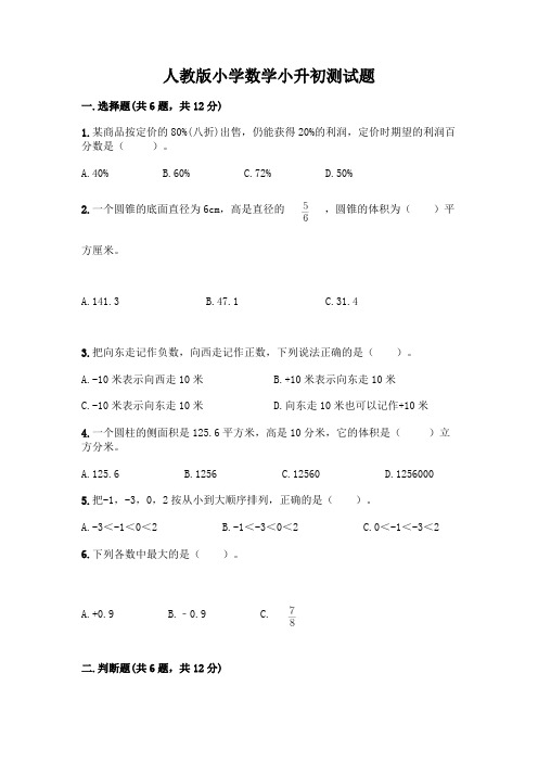 人教版小学数学小升初测试题【A卷】及参考答案(综合卷)