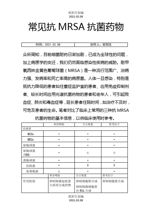 常见抗MRSA抗菌药物之欧阳生创编