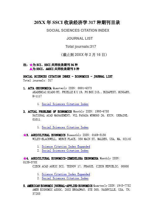 推荐下载-SSCI收录经济学317种期刊目录 精品