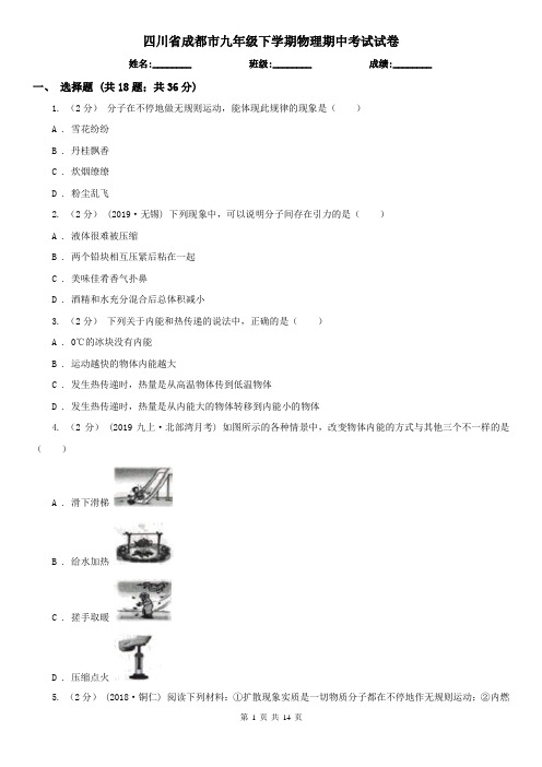 四川省成都市九年级下学期物理期中考试试卷