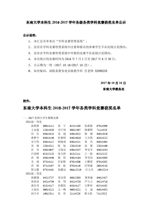 东南大学本科生2016-2017学年各级各类学科竞赛获奖名单公示