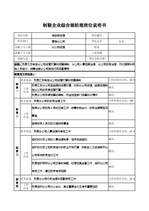 制鞋企业综合部经理岗位说明书