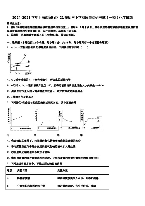 2024-2025学年上海市闵行区21校初三下学期质量调研考试(一模)化学试题含解析