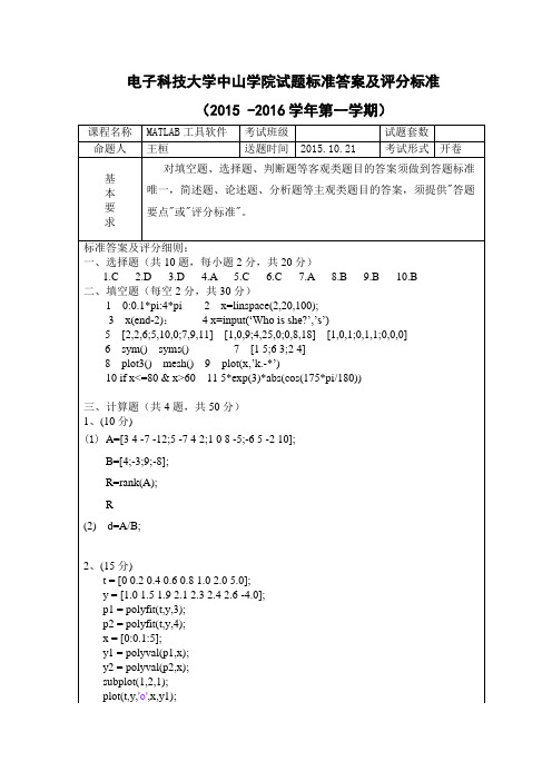 中山学院2015下学期MATLAB考试A标准答案及评分标准