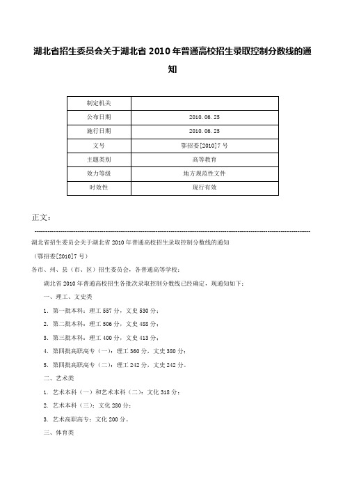 湖北省招生委员会关于湖北省2010年普通高校招生录取控制分数线的通知-鄂招委[2010]7号