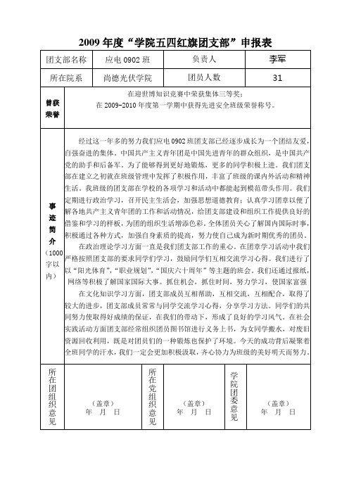 应电0902班32009年度“学院五四红旗团支部”申报表