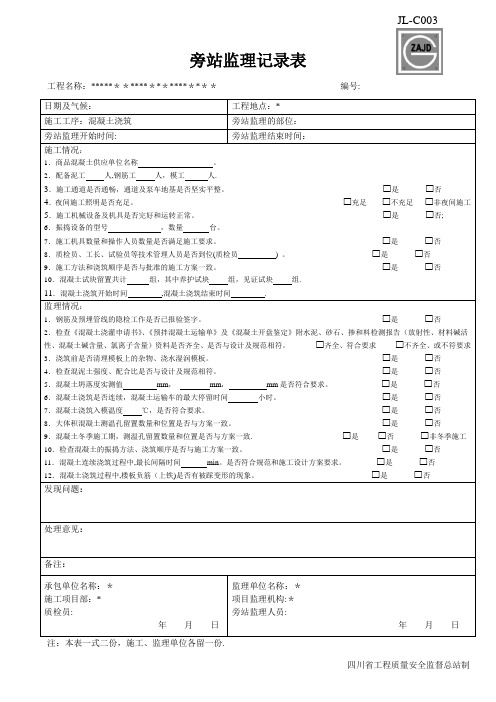 混泥土浇筑旁站监理记录表