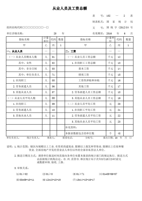 年度劳动工资统计基层年报表102-2(年报表)