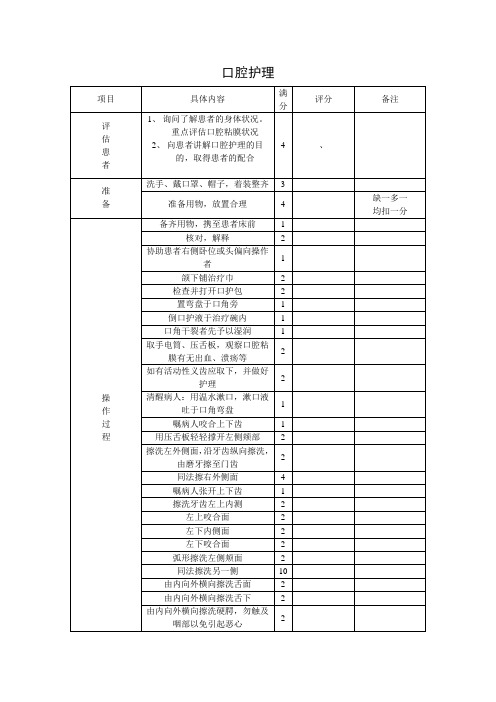 口腔护理 评分标准