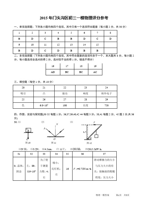 北京市门头沟区2015年初三物理一模试题 答案