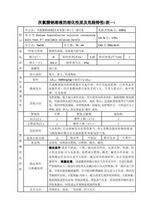 次氯酸钠溶液的理化性质及危险特性(表-)