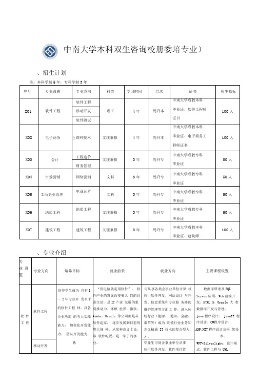 中南大学本科双证班(中南大学校企委培专业)招生咨询手册