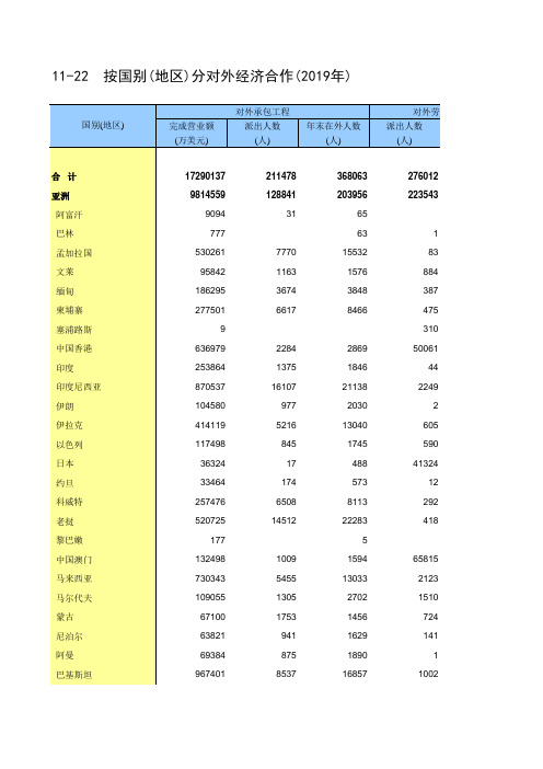 全国社会经济发展统计数据：11-22  按国别(地区)分对外经济合作(2019年)