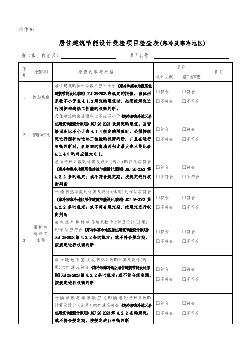 居住建筑节能设计受检项目检查表严寒及寒冷地区