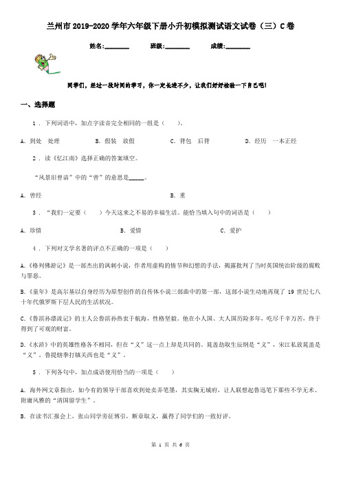 兰州市2019-2020学年六年级下册小升初模拟测试语文试卷(三)C卷