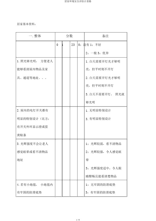 居家环境安全评估量表格