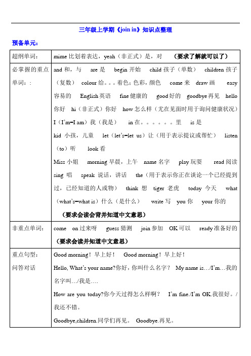 最新新版join-in-三年级上册重点单词及句型整理教案资料