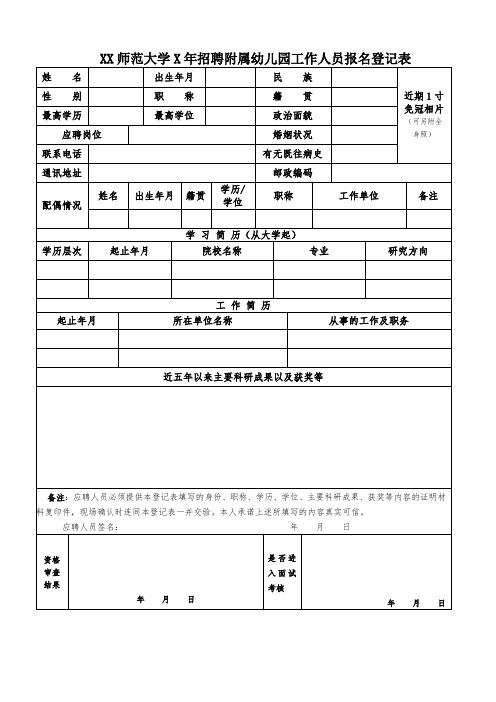 XX师范大学X年招聘附属幼儿园工作人员报名登记表