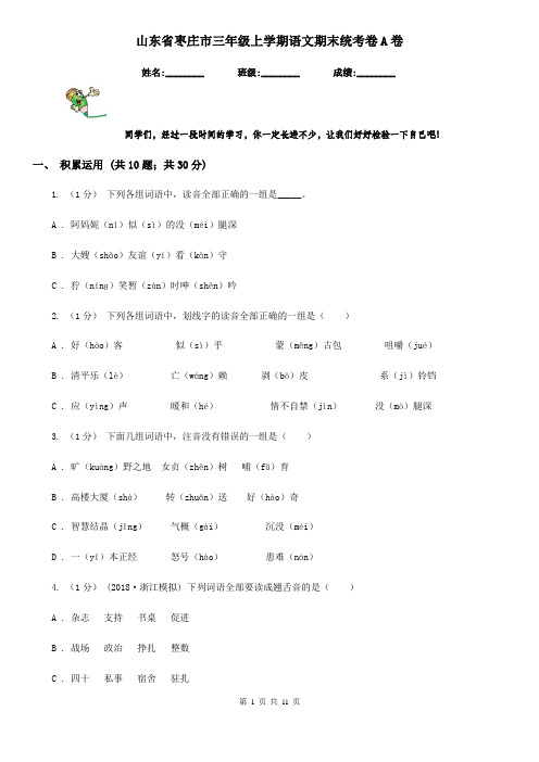 山东省枣庄市三年级上学期语文期末统考卷A卷