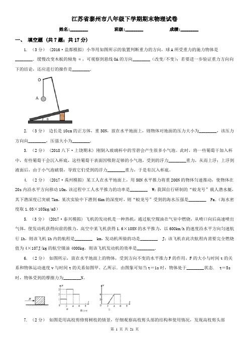 江苏省泰州市八年级下学期期末物理试卷