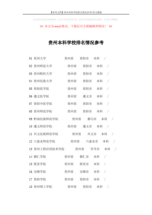 【参考文档】贵州本科学校排名情况参考-范文模板 (1页)