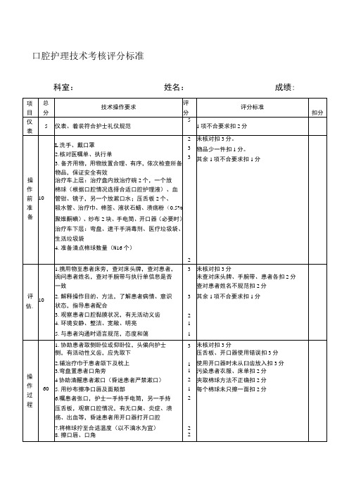 口腔护理技术考核评分标准