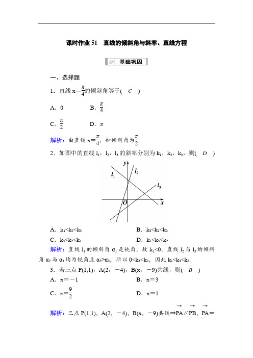 2021届高考数学人教B版大一轮总复习51 直线的倾斜角与斜率、直线方程  